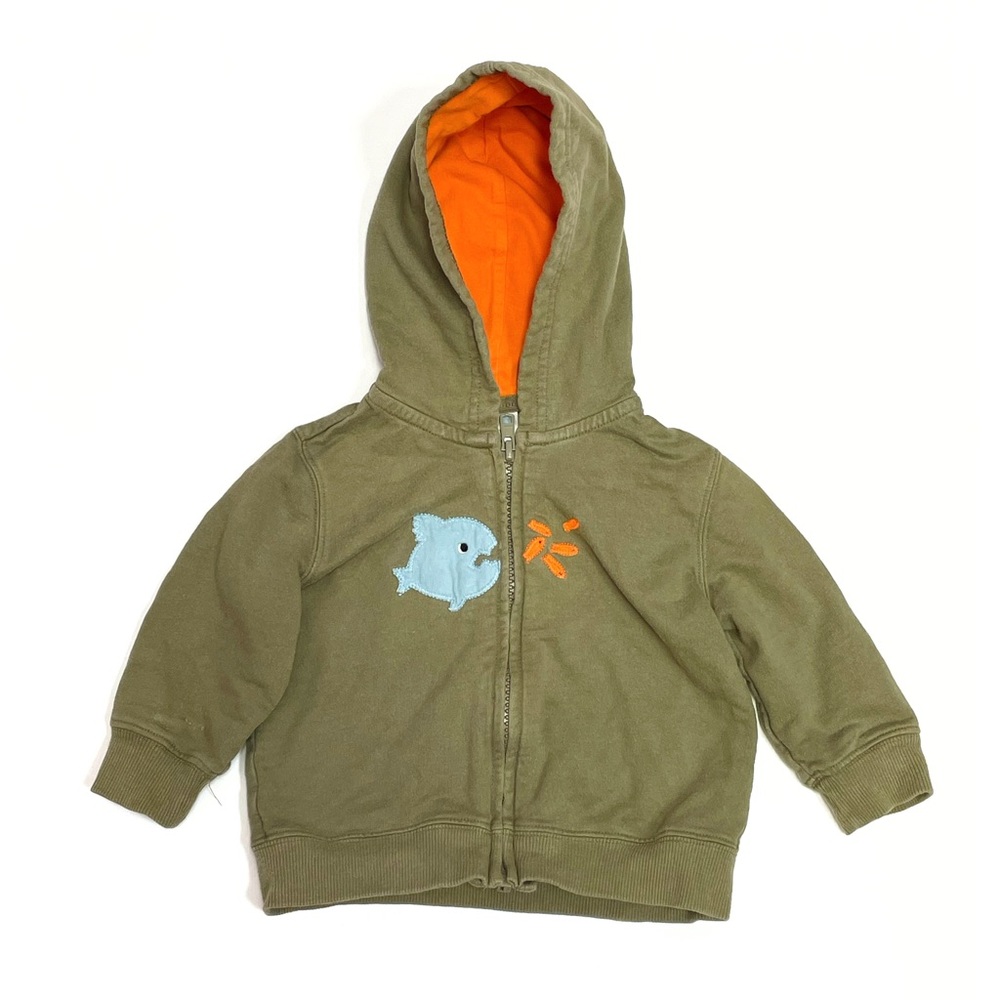 Gymboree • Shark and fish zip hoodie olive green • 6-12 months